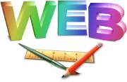 Logo for web design and the text WEB with a brush, a pen and a ruler